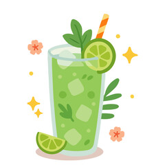 Mojito drink food cocktail in cute flat style. Green cocktail  with lime, mint, ice cubes and striped straw. Summer beverage perfect for cards, posters, menus