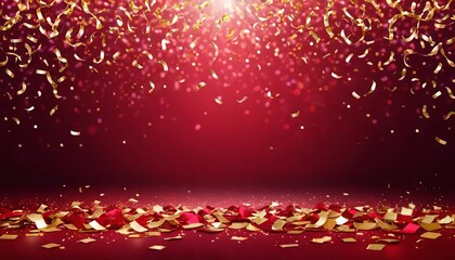 A festive red background with falling golden confetti and a scattering on the floor surface
