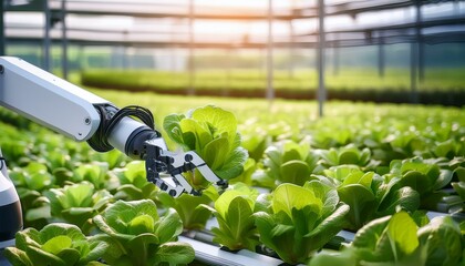 robot arm harvesting lettuce in an automated greenhouse modern agriculture technology
