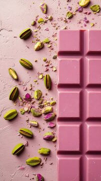 Exquisite ruby chocolate bar with pistachio crumbles on textured pink surface