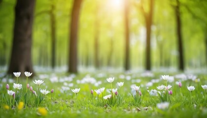 A serene forest scene with white flowers blooming in the foreground under the bright sunlight