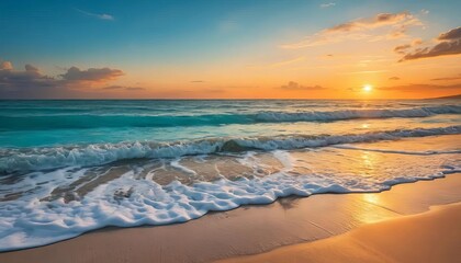 Obraz premium Ocean waves gently rolling onto the sandy beach during a vibrant and colorful sunset scene at dusk