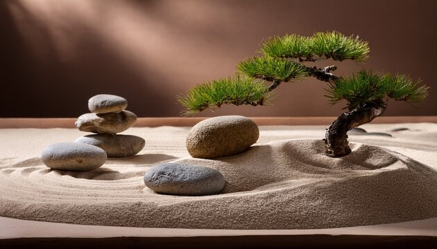 tranquil zen garden with sand rocks and bonsai trees promoting serenity and mindfulness