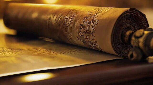 Weathered parchment scroll bearing cryptic symbols resting on antique wooden backdrop, soft illumination highlighting ancient enigmatic details