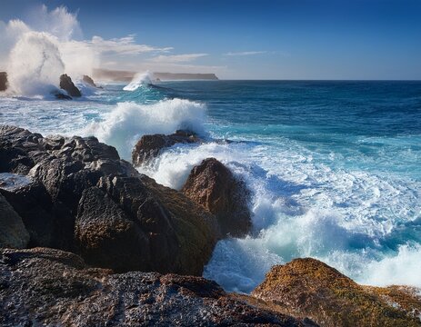 waves crashing against rocky shores in a tranquil ocean landscape