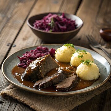 Sauerbraten mit Rotkohl und Kartoffelkl&ouml;&szlig;en