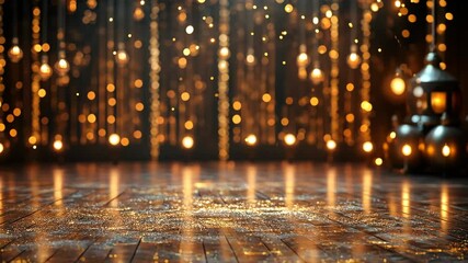 Warm light background featuring vintage metal lanterns and string lights with bokeh effect and a reflective wooden floor, creating an ambient atmosphere - Powered by Adobe