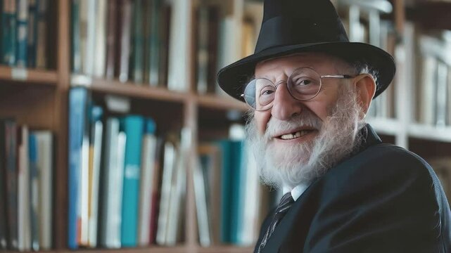 Portrait of a cheerful senior rabbi wearing a hat and smiling in a library, surrounded by books
