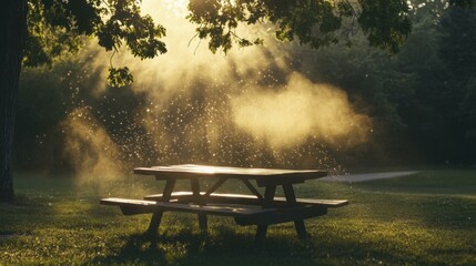 Obraz premium Sunbeams illuminate dust motes above a picnic table in a tranquil park setting at golden hour