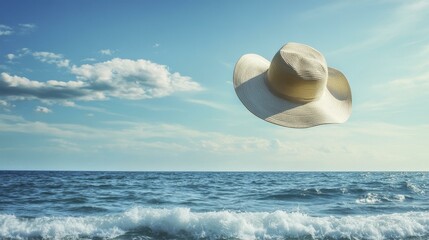 Straw hat flying off in the wind over a blue ocean and cloudy sky, summer travel destination or vacation advertising