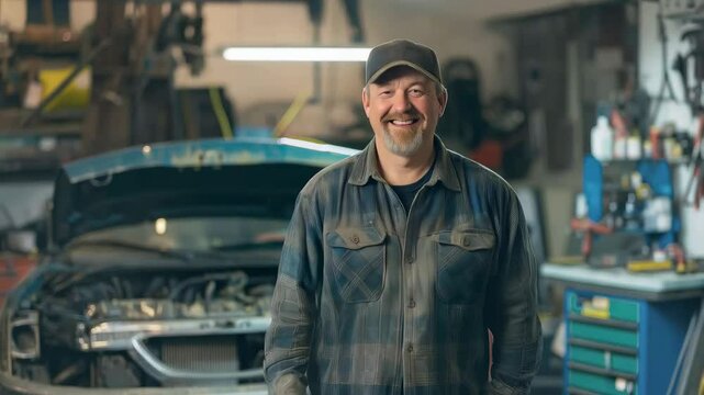 Professional mechanic standing confidently near vehicle, giving thumbs up after successful repair in well equipped automotive workshop