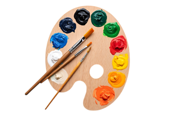 palette with paints and brushes on transparent background