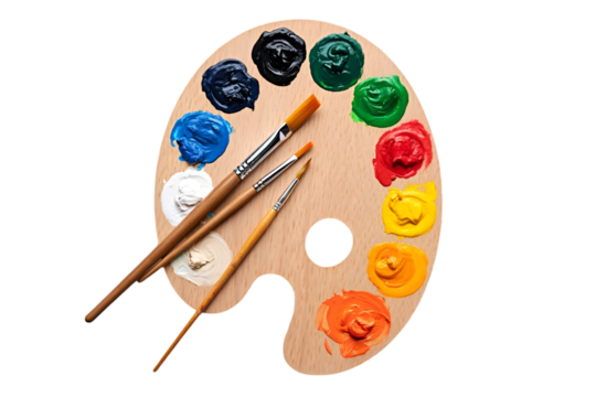 palette with paints and brushes on transparent background