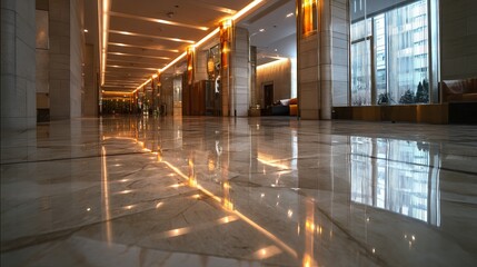 Obraz premium Marble flooring in hotel lobby Clean polished stone tile surface with reflections Background suitable for ads