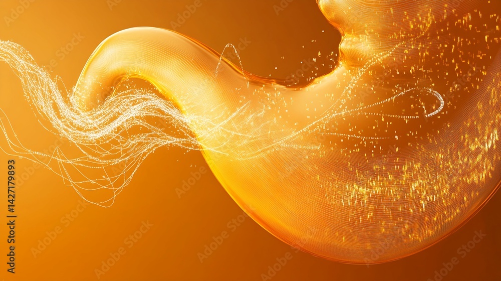 Poster digital rendering: amber form with luminous particles