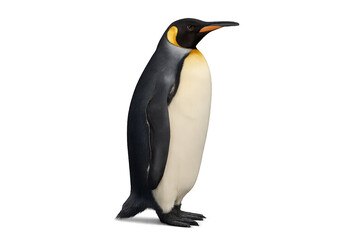 Fototapeta premium Majestic King Penguin Standing Elegantly on White Background Near Ice Habitat in Natural Posture