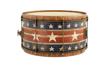 Traditional marching band drum featuring classic American flag colors isolated on white background PNG