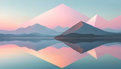 Naklejka premium Pastel mountains and pyramids reflected in calm water creating a serene and symmetrical landscape view