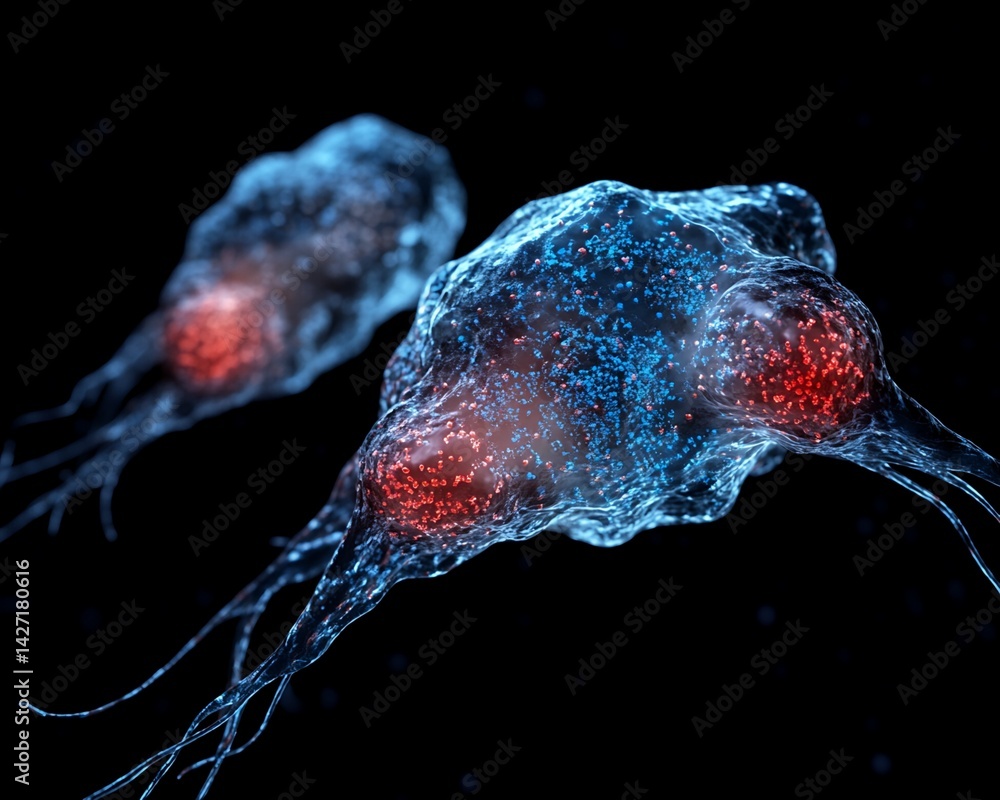 Poster digital rendering of two cells with internal aggregates