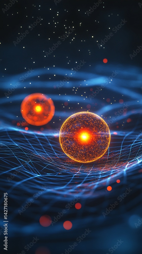Aufkleber digital rendering of two glowing spheres on a gridded surface