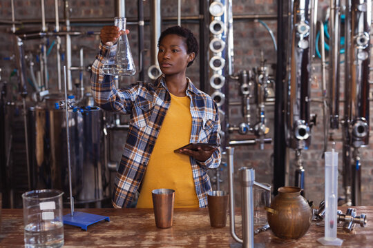 Young adult African American woman holding tablet and examining Erlenmeyer flask in distillery lab