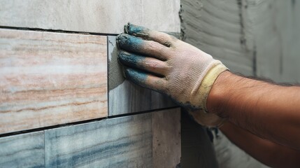 Worker applies black grout between ceramic tiles Construction and seam finishing process