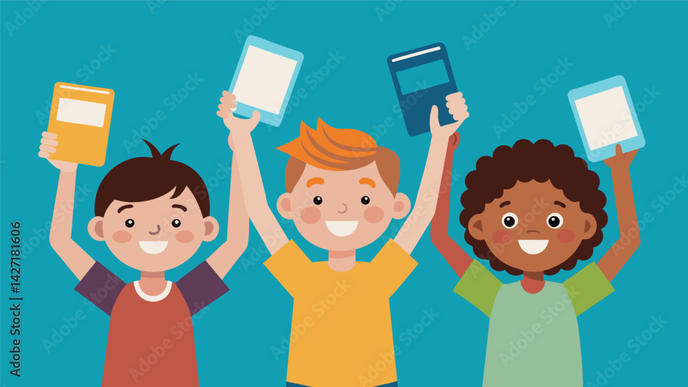 Poster some children excitedly hold up physical copies of the book while others proudly display their eread