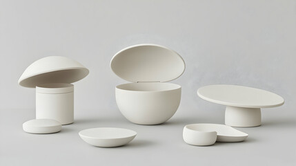 Minimalist ceramic bowls and containers on neutral background; product photography for home decor catalog