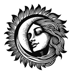 Elegant Moon and Sun Engraving Illustration with Woman's Face