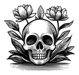 Obraz premium Engraved Skull Surrounded by Lotus Flowers and Leaves Art
