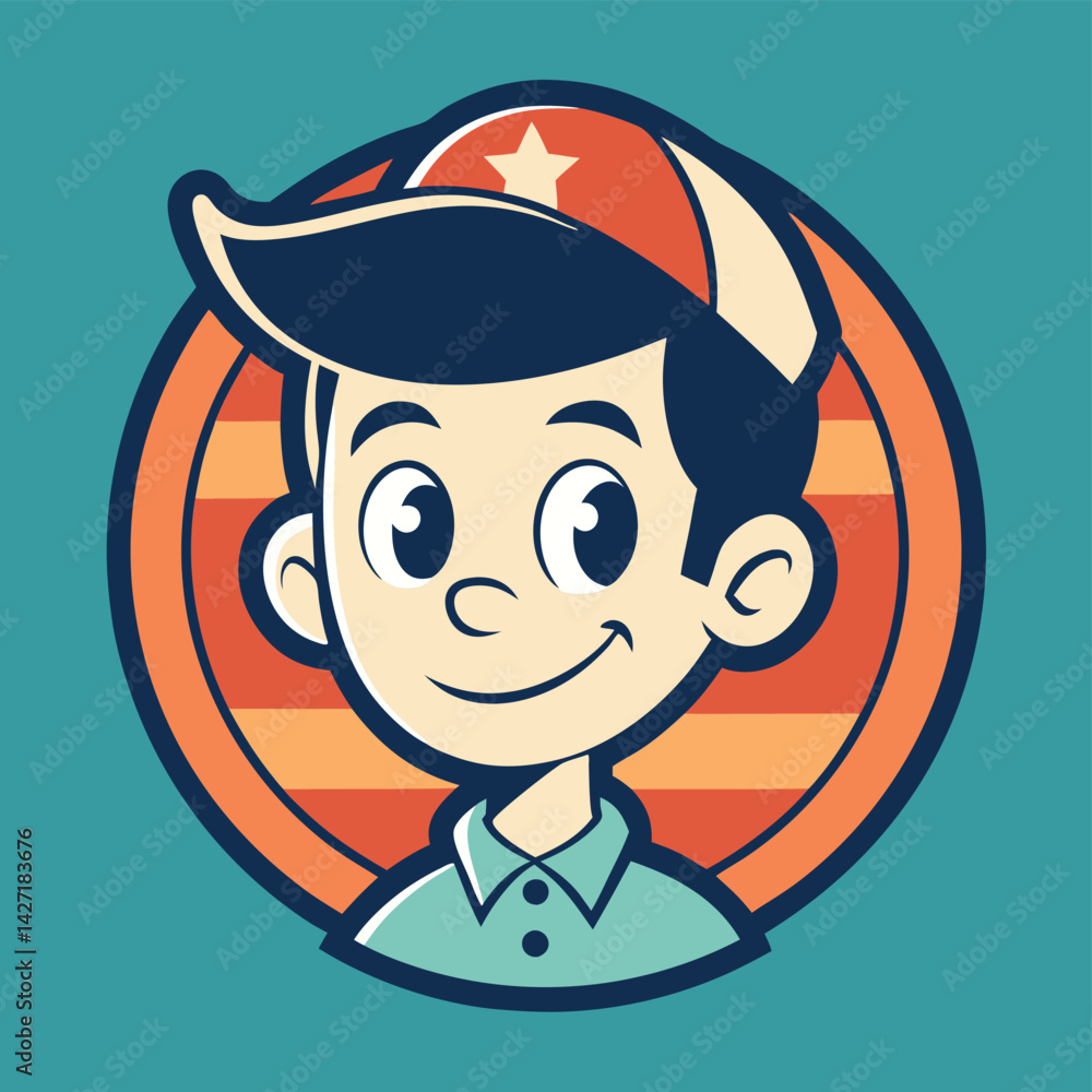 Poster cute vector logo featuring a smiling boy character with orange hair and a cheerful expression in a c