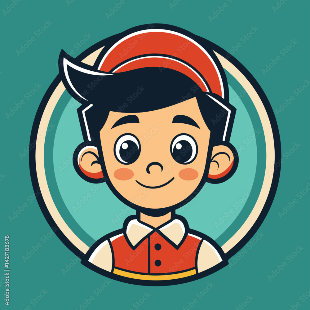 Poster Cute vector logo featuring a smiling boy character with orange hair and a cheerful expression in a circular design against a blue background