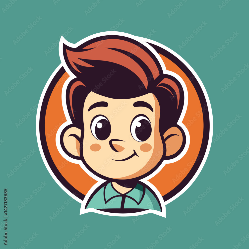 Poster cute vector logo featuring a smiling boy character with orange hair and a cheerful expression in a c