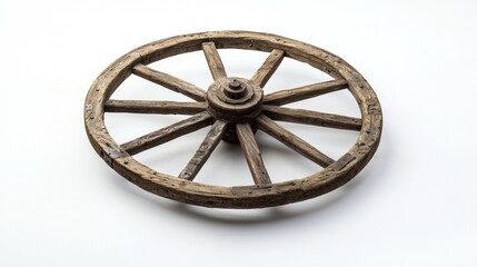 Fototapeta premium Old wooden wagon wheel showcasing craftsmanship and history, placed on a neutral background