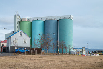 Obraz premium Colorful silos in the town of Akranes in west Iceland