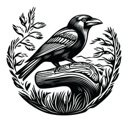 Naklejka premium Black Bird Engraving in Nature Inspired Art Style