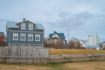 Obraz premium Buildings in town of Akranes in Iceland