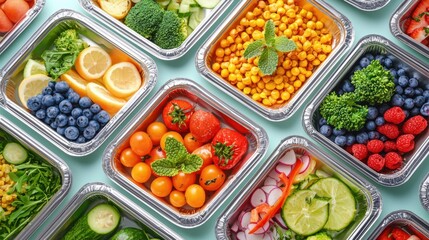 Vibrant assortment of nutritious meals in takeaway containers flat lay