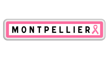 Panneau de sortie de Montpellier, Hérault, Occitanie avec Ruban Octobre Rose