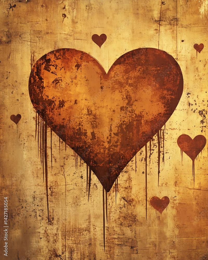 Aufkleber grunge-style image of a large heart with smaller hearts and drips on a textured background