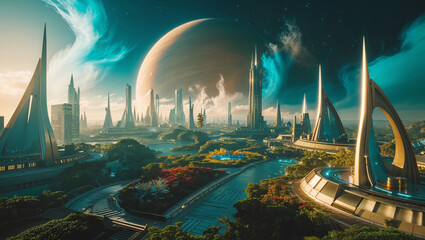 Futuristic colony city on another planet