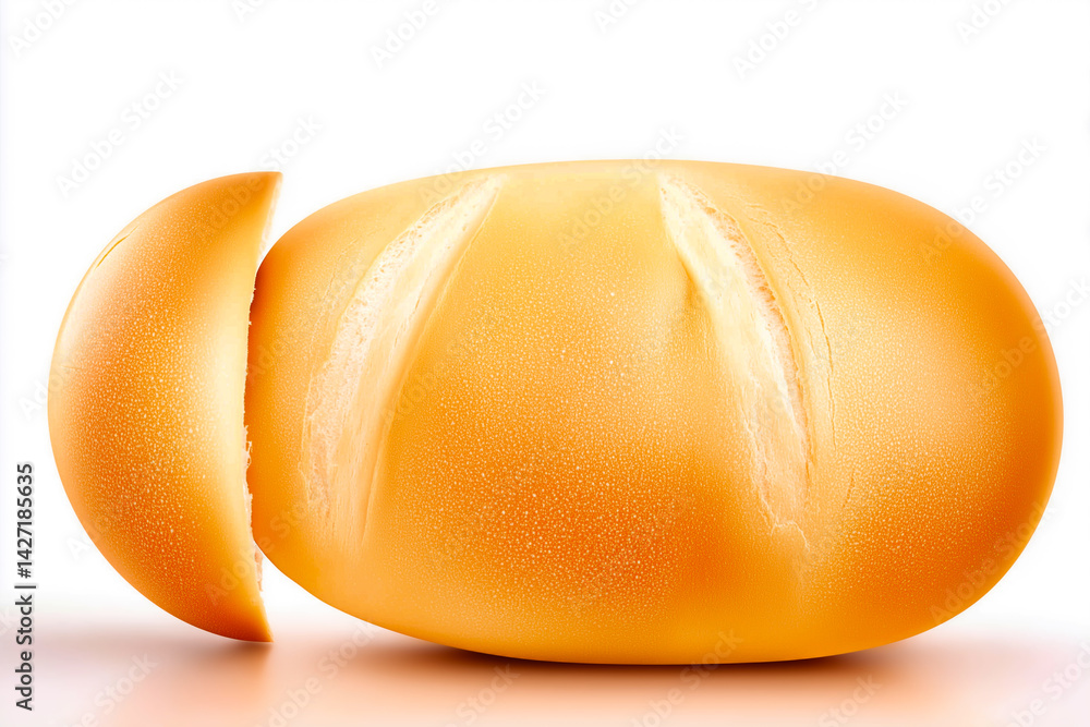 Poster round wheat loaf with soft crust presented against white backdrop. clean and simple setting emphasiz
