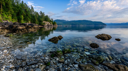 Coastal Shoreline With Calm Water And Reflections