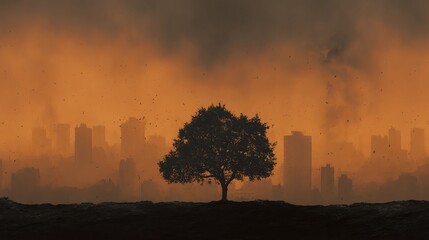 Fototapeta premium silhouette of a tree against a backdrop of burning forest and smoggy skyline, symbolizing climate crisis and environmental loss