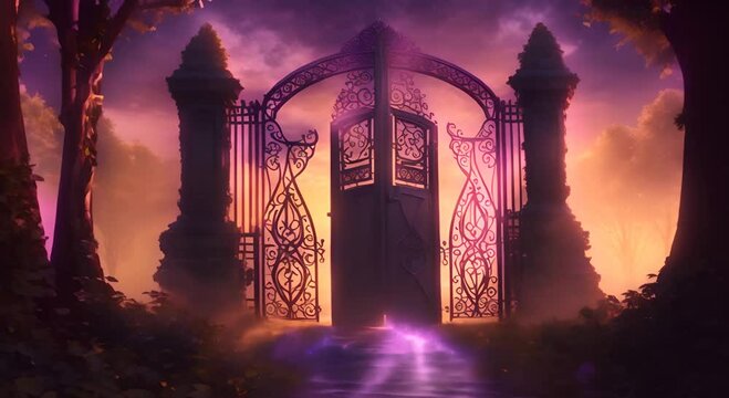Enigmatic glowing gate leading to another dimension hidden within the forest mysterious portalSeamless looping time lapse virtual video animation background 4K