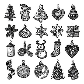 Dodle Christmas symbols, hand draw black felt tip pen, isolated on white --v 7.0