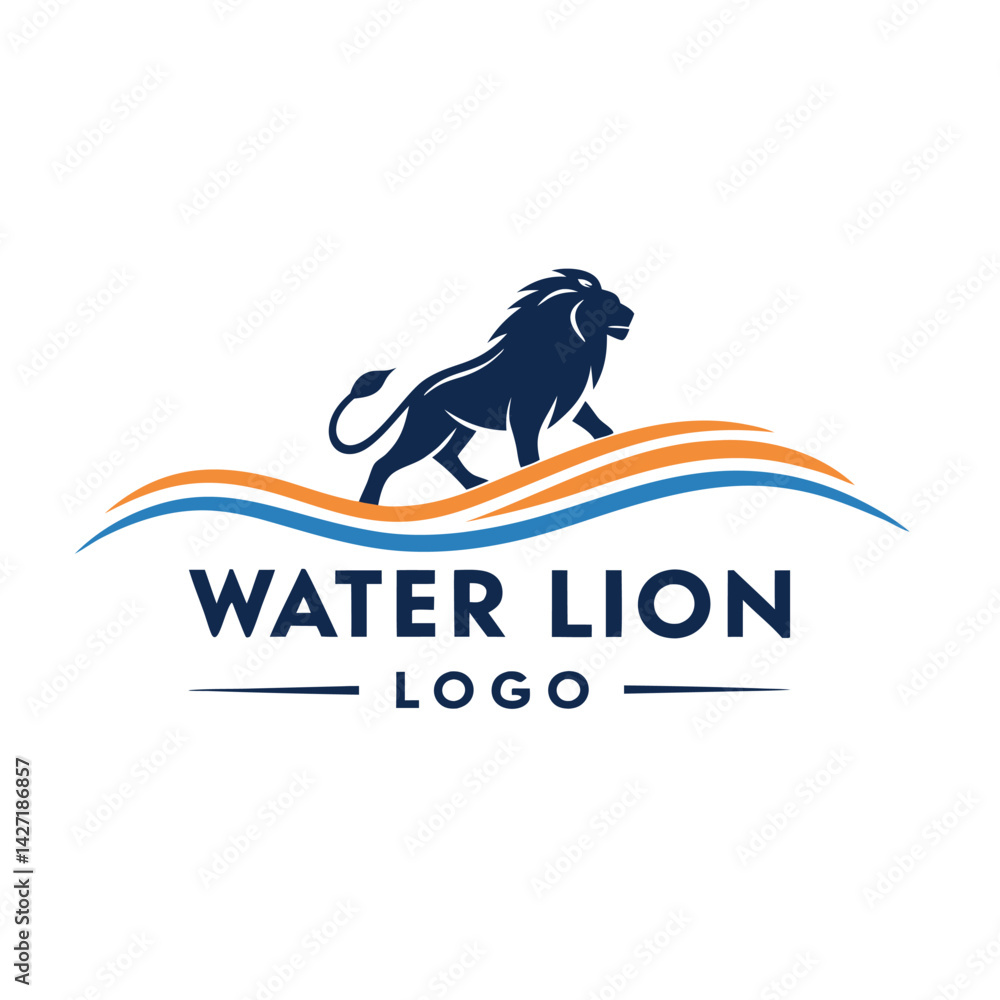 Poster modern water lion logo design featuring a stylized blue lion standing on a wave, showcasing the blen