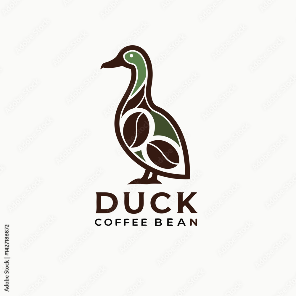 Poster duck coffee bean logo featuring a duck and coffee beans in a modern and creative vector design