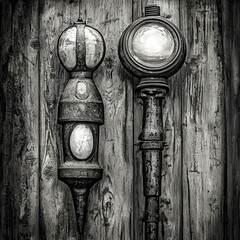 Antique lamps, rustic wood wall, black and white, historical lighting, vintage decor