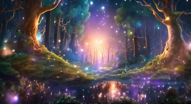 Enchanted forest with glowing elements creating a fantastical and magical landscape under a starry night sky seamless looping time lapse virtual video animation background 4K